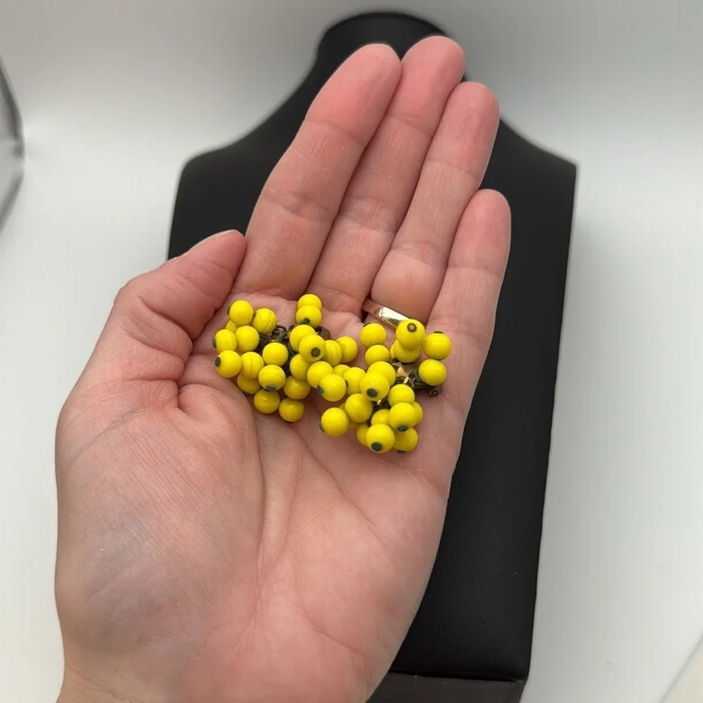 Vintage bright cheery yellow cha cha beaded clip on statement bold fun earrings